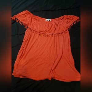 Fever • Women's Off-Shoulder Salmon Pink/Red Top • 1X
